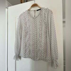 Tommy Hilfiger chiffon white & blue ruffle front crew neck blouse size M